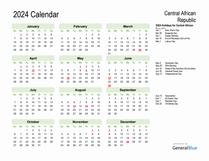 Holiday Calendar 2024 for Central African Republic (Sunday Start)