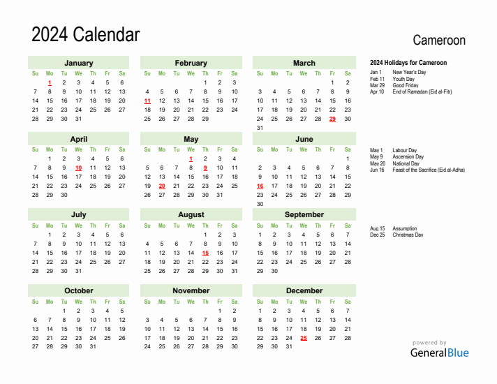 Holiday Calendar 2024 for Cameroon (Sunday Start)