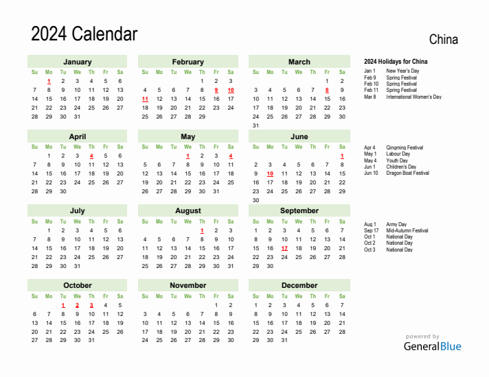Holiday Calendar 2024 for China (Sunday Start)