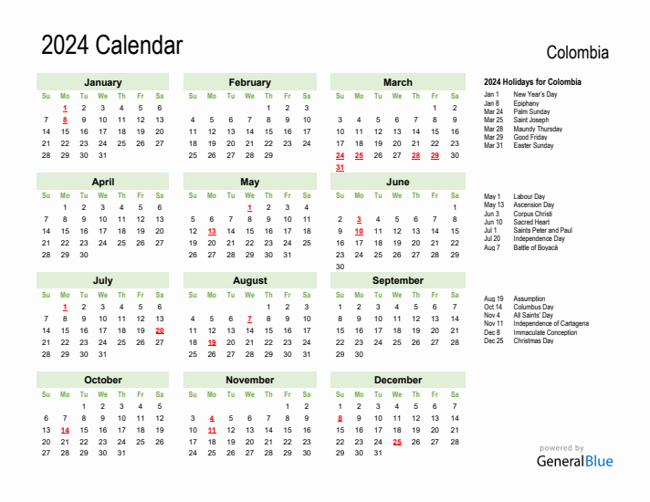 Holiday Calendar 2024 for Colombia (Sunday Start)
