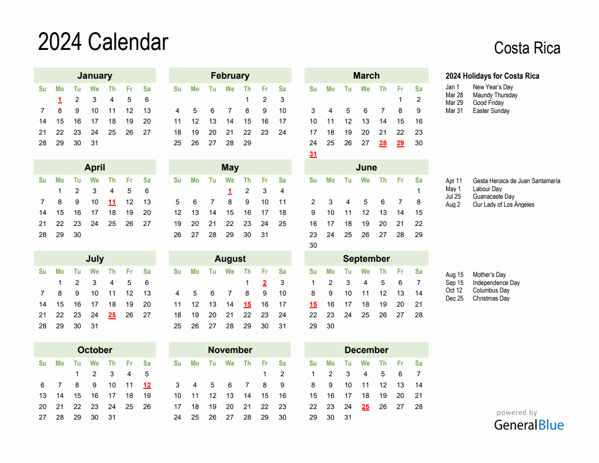 Holiday Calendar 2024 For Costa Rica Sunday Start   2024 Calendar Green With Holidays Landscape Sunday Start En Cr 1188x918 