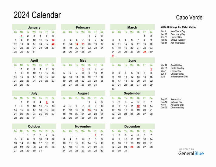 Holiday Calendar 2024 for Cabo Verde (Sunday Start)