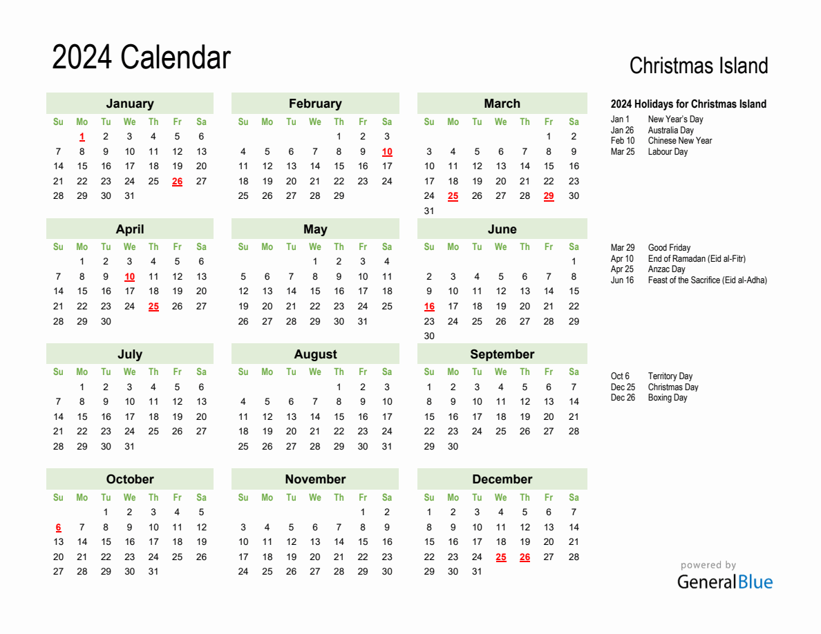 Holiday Calendar 2024 for Christmas Island (Sunday Start)