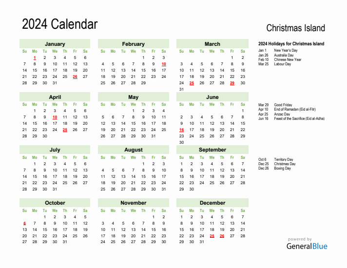 Holiday Calendar 2024 for Christmas Island (Sunday Start)