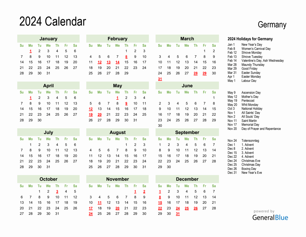 Holiday Calendar 2024 for Germany (Sunday Start)