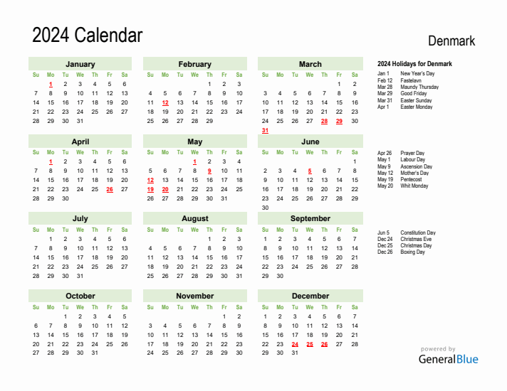 Holiday Calendar 2024 for Denmark (Sunday Start)