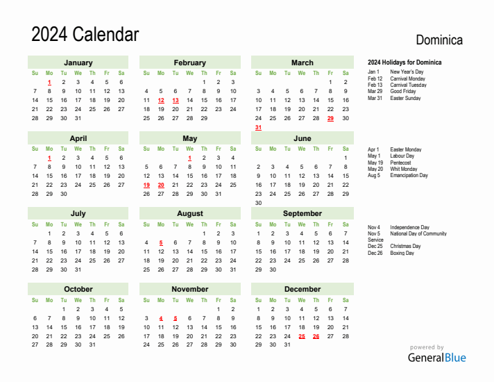 Holiday Calendar 2024 for Dominica (Sunday Start)