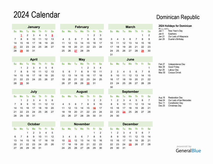 Holiday Calendar 2024 for Dominican Republic (Sunday Start)