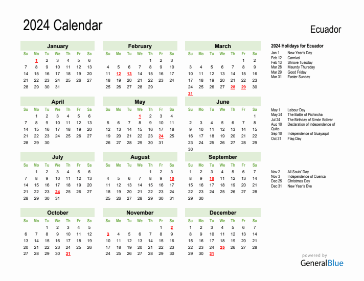 Holiday Calendar 2024 for Ecuador (Sunday Start)