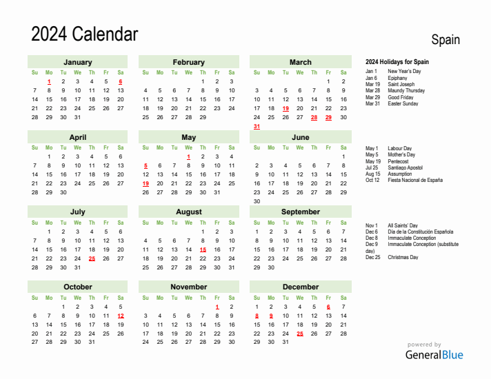 Holiday Calendar 2024 for Spain (Sunday Start)