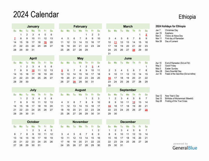 Holiday Calendar 2024 for Ethiopia (Sunday Start)