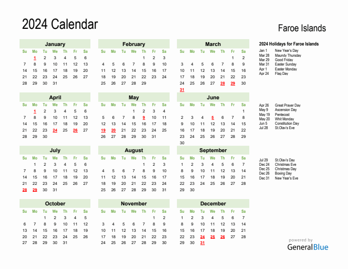 Holiday Calendar 2024 for Faroe Islands (Sunday Start)