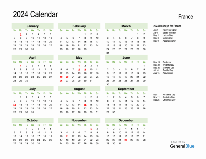 Holiday Calendar 2024 for France (Sunday Start)