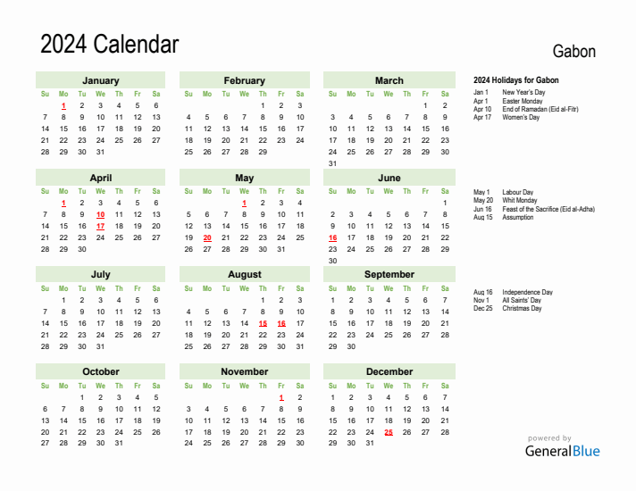 Holiday Calendar 2024 for Gabon (Sunday Start)