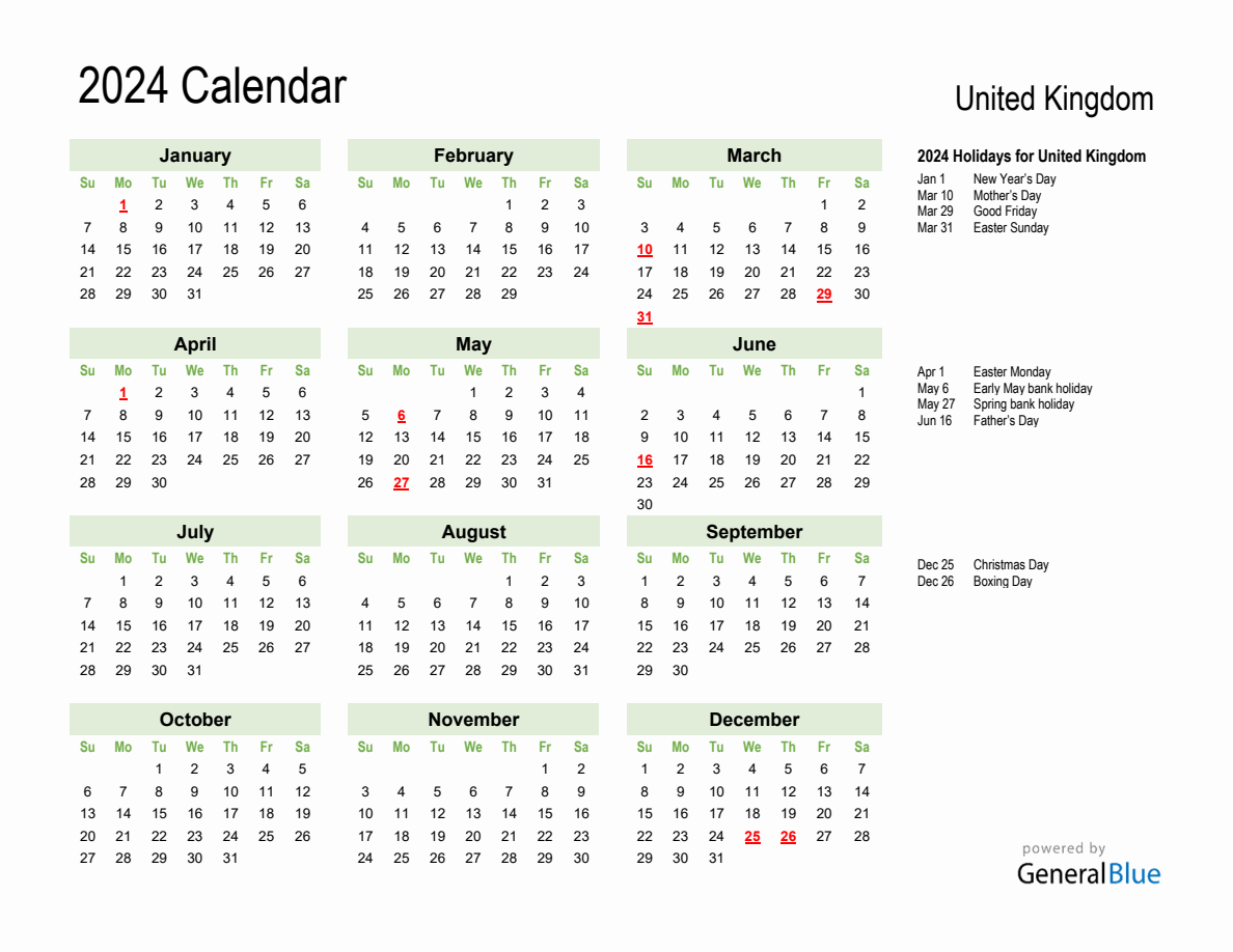 Holiday Calendar 2024 for United Kingdom (Sunday Start)