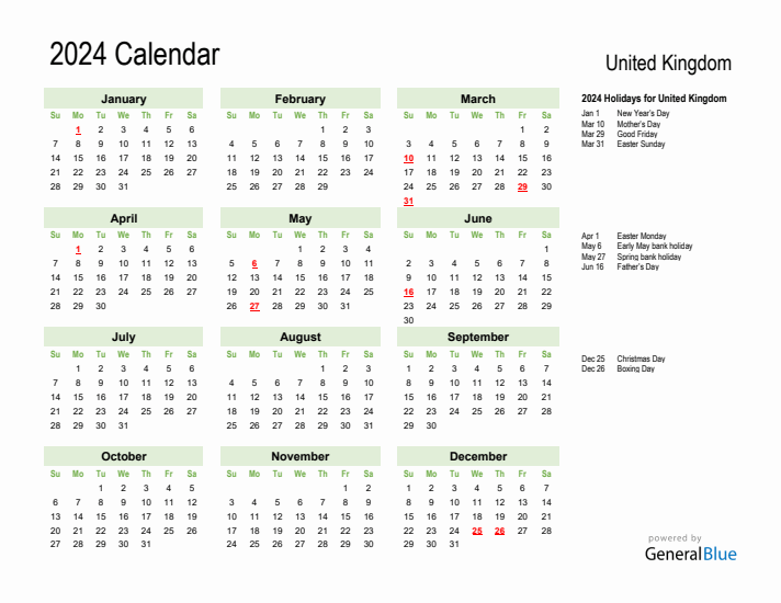 Holiday Calendar 2024 for United Kingdom (Sunday Start)