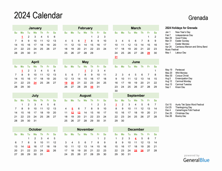 Holiday Calendar 2024 for Grenada (Sunday Start)