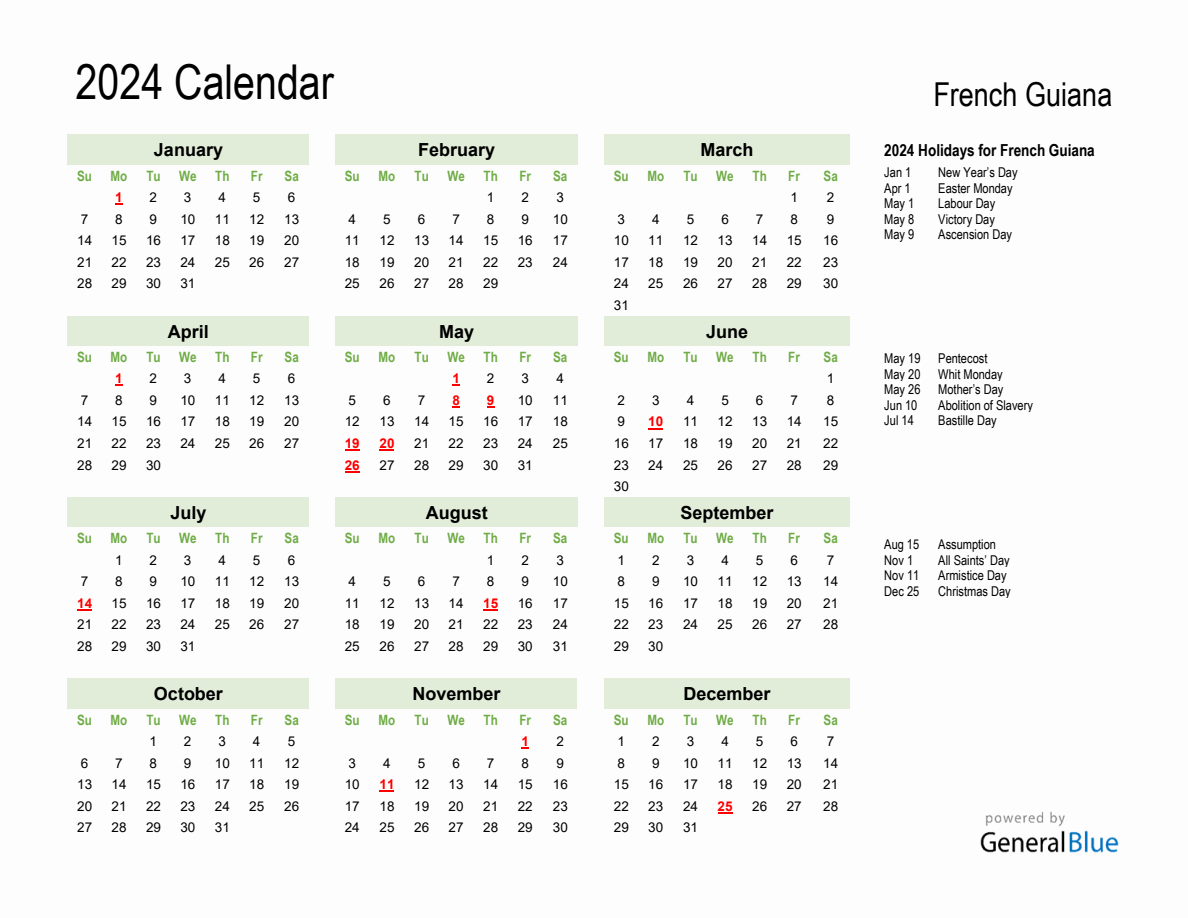 Holiday Calendar 2024 For French Guiana Sunday Start   2024 Calendar Green With Holidays Landscape Sunday Start En Gf 1188x918 