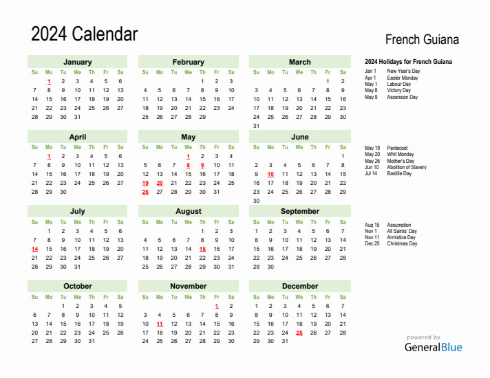 Holiday Calendar 2024 for French Guiana (Sunday Start)