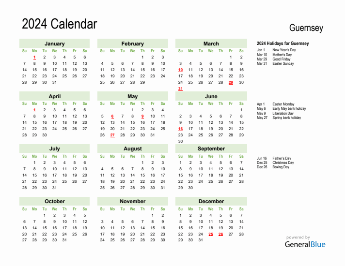 Holiday Calendar 2024 for Guernsey (Sunday Start)