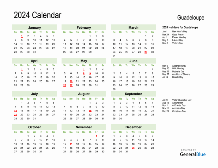 Holiday Calendar 2024 for Guadeloupe (Sunday Start)