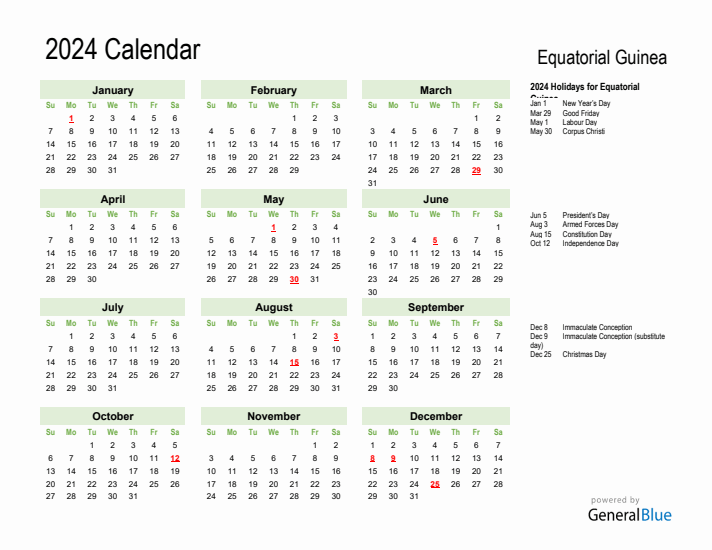 Holiday Calendar 2024 for Equatorial Guinea (Sunday Start)