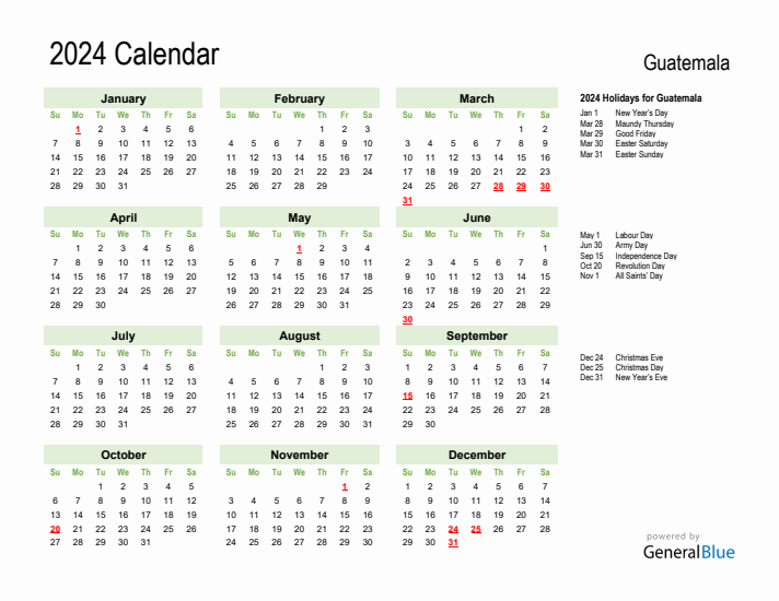 Holiday Calendar 2024 for Guatemala (Sunday Start)