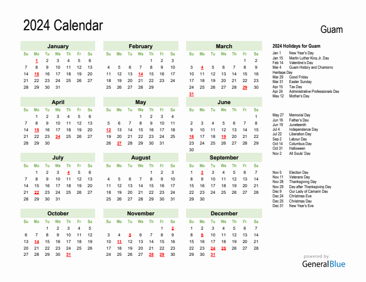 Holiday Calendar 2024 for Guam (Sunday Start)