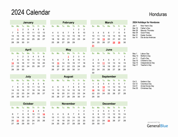Holiday Calendar 2024 for Honduras (Sunday Start)