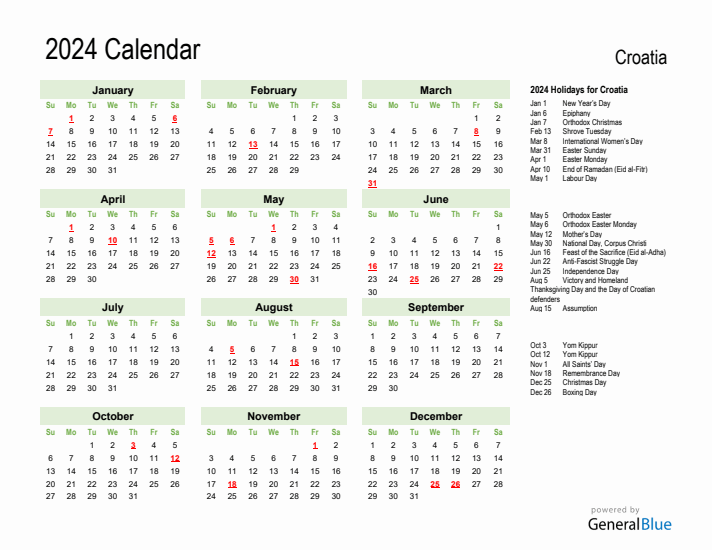 Holiday Calendar 2024 for Croatia (Sunday Start)