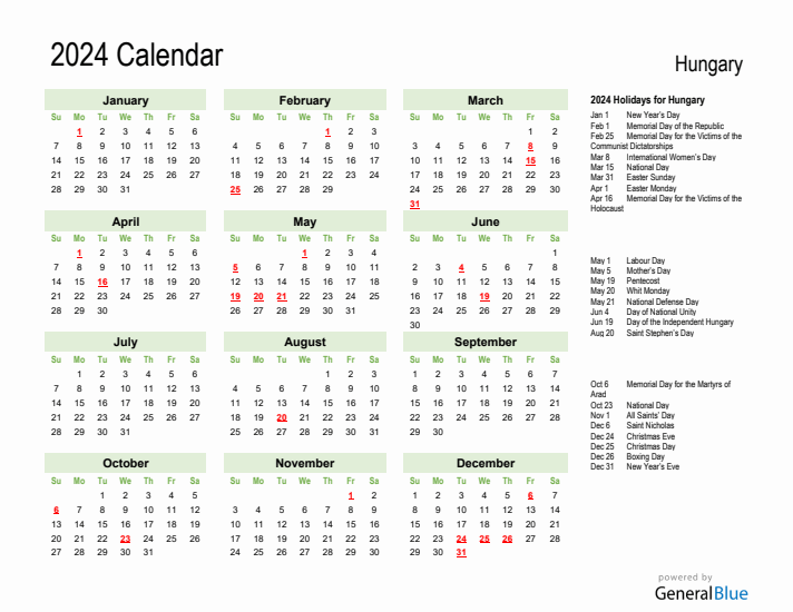 Holiday Calendar 2024 for Hungary (Sunday Start)