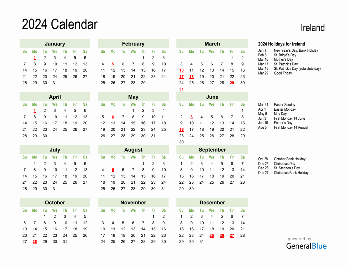 Holiday Calendar 2024 for Ireland (Sunday Start)