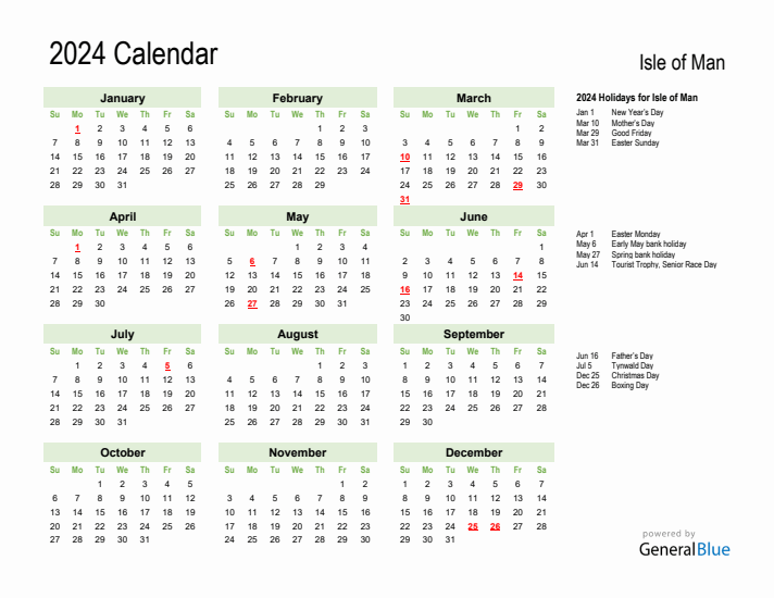 Holiday Calendar 2024 for Isle of Man (Sunday Start)