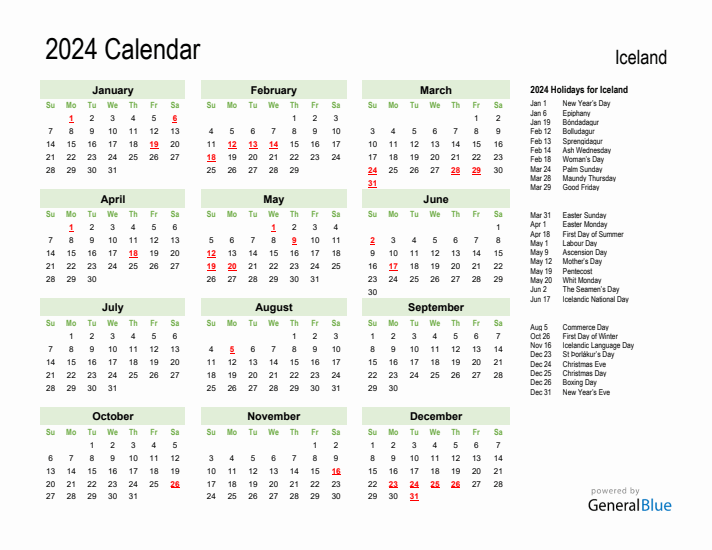 Holiday Calendar 2024 for Iceland (Sunday Start)