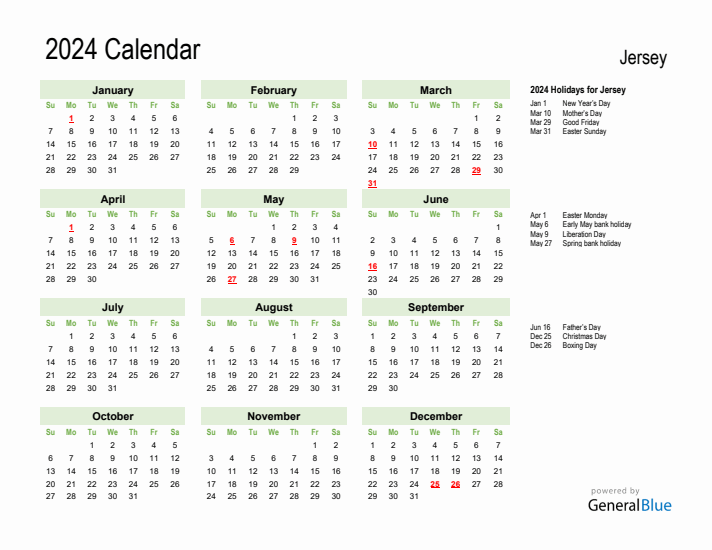 Holiday Calendar 2024 for Jersey (Sunday Start)