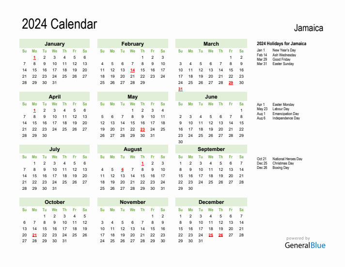 Holiday Calendar 2024 for Jamaica (Sunday Start)