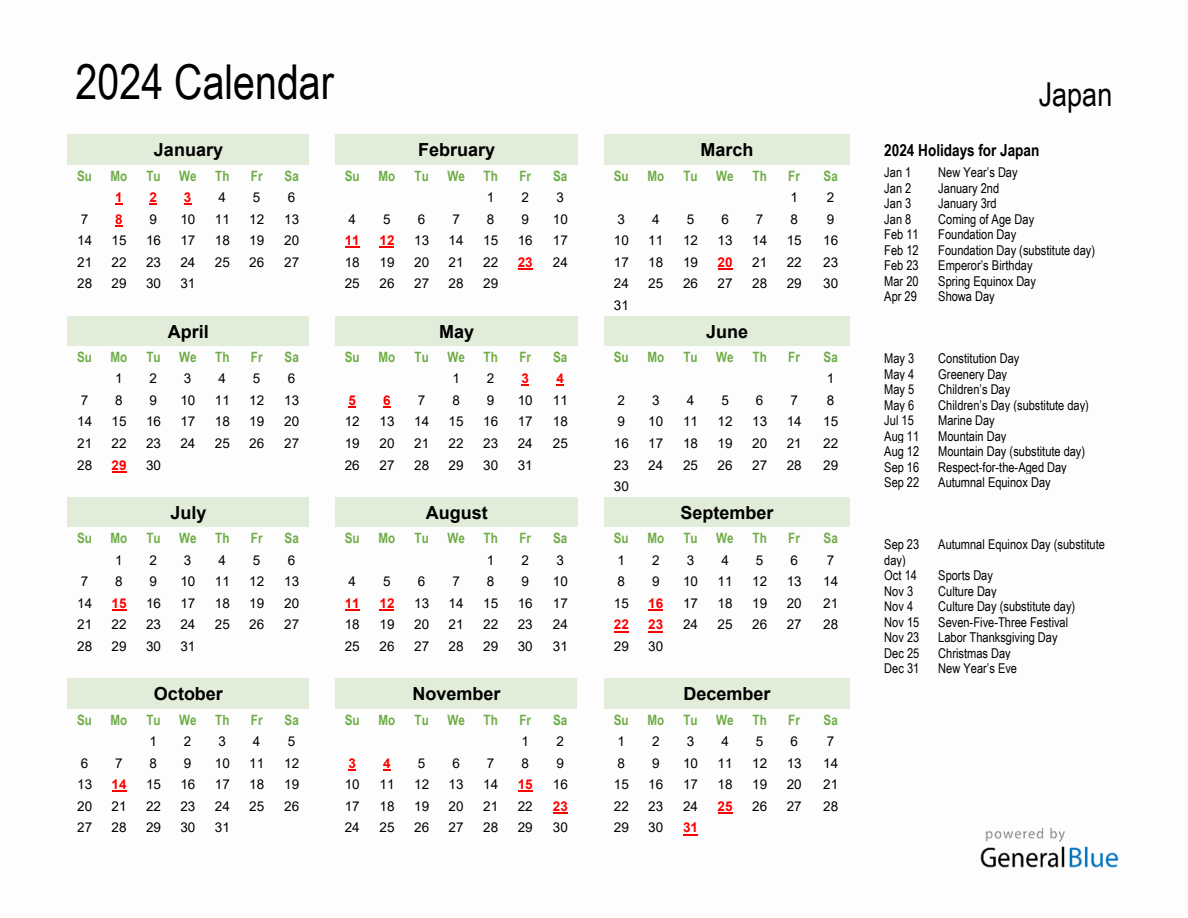 Holiday Calendar 2024 for Japan (Sunday Start)