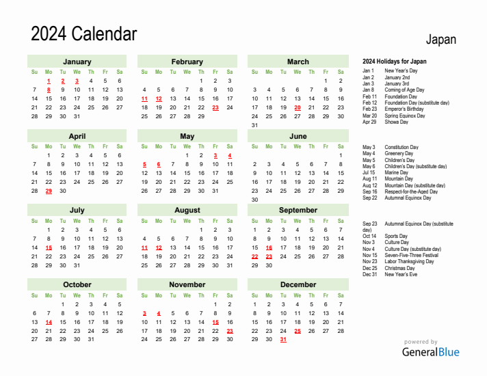 2024 Calendar Green With Holidays Landscape Sunday Start En Jp 712x550 