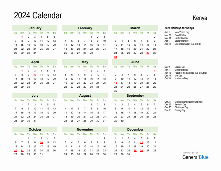 Holiday Calendar 2024 for Kenya (Sunday Start)