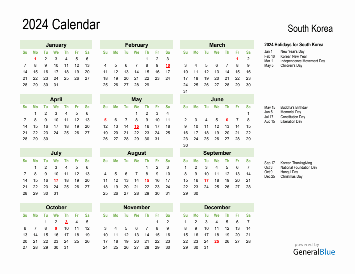 Holiday Calendar 2024 for South Korea (Sunday Start)