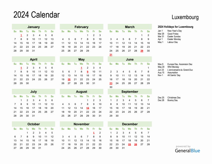 Holiday Calendar 2024 for Luxembourg (Sunday Start)