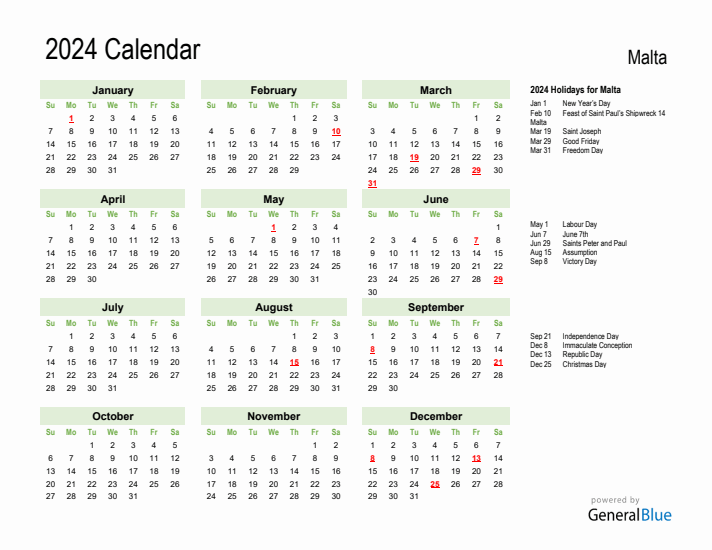 Holiday Calendar 2024 for Malta (Sunday Start)