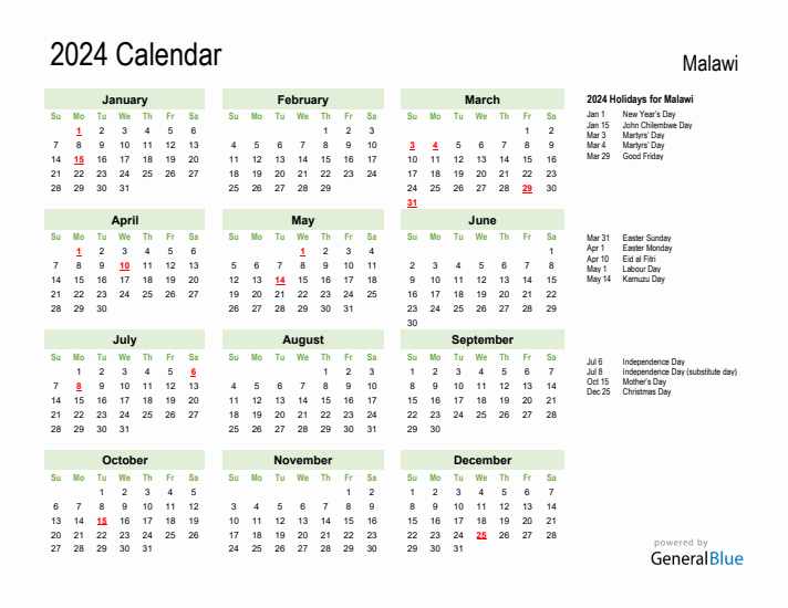 Holiday Calendar 2024 for Malawi (Sunday Start)