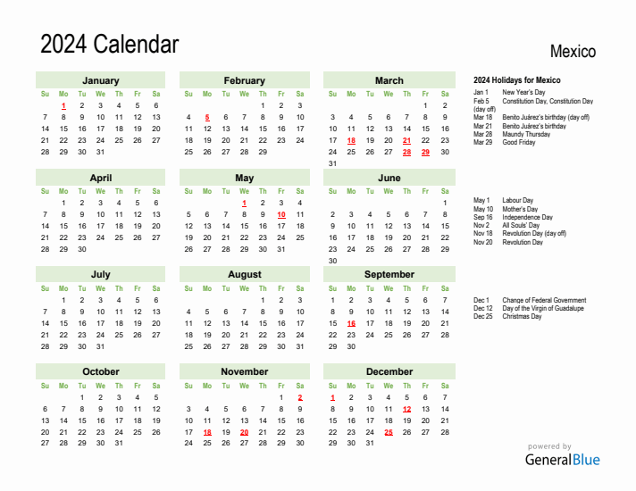 Holiday Calendar 2024 for Mexico (Sunday Start)