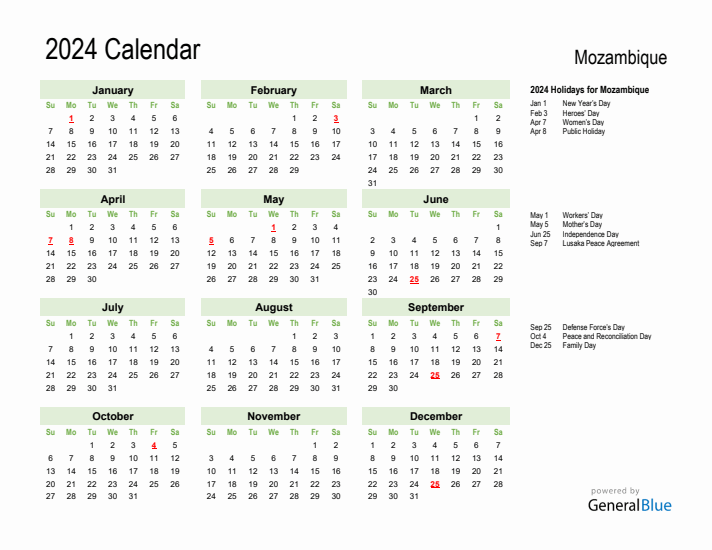 Holiday Calendar 2024 for Mozambique (Sunday Start)