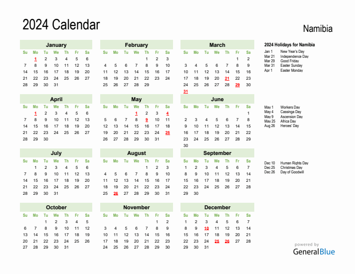Holiday Calendar 2024 for Namibia (Sunday Start)
