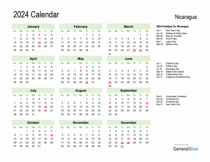 Holiday Calendar 2024 for Nicaragua (Sunday Start)