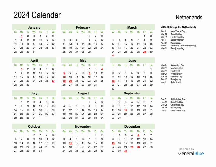 Holiday Calendar 2024 for The Netherlands (Sunday Start)