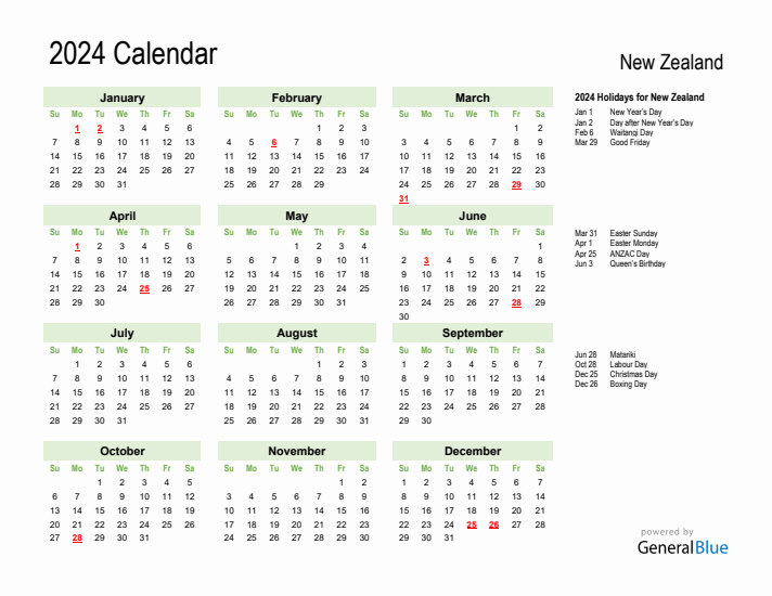 Holiday Calendar 2024 for New Zealand (Sunday Start)