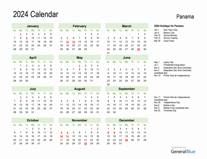 Holiday Calendar 2024 for Panama (Sunday Start)